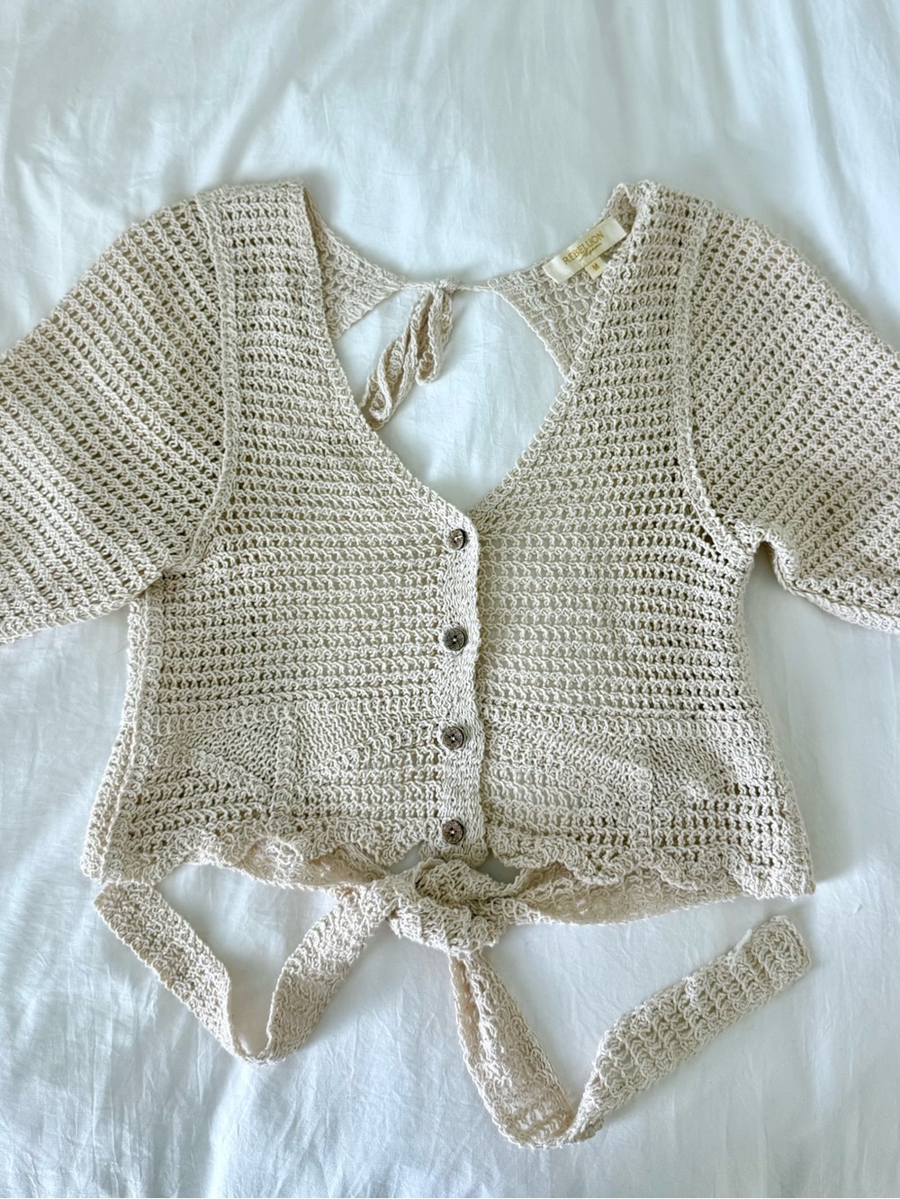 Light Cream Crochet Button-Front Women's Sweater with Tie